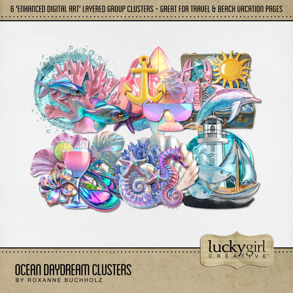 Ocean Daydream Clusters Digital Art - Digital Scrapbooking Kits