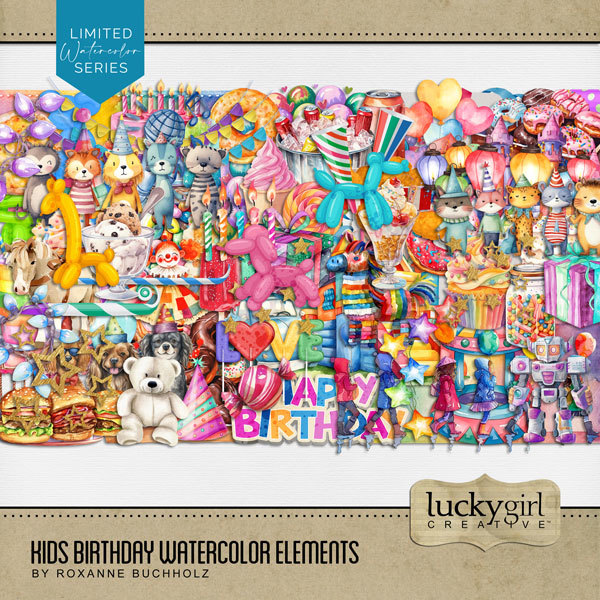 Kids Birthday Watercolor Elements Digital Art - Digital Scrapbooking Kits