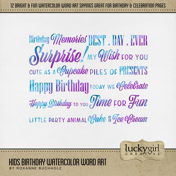 Kids Birthday Watercolor Word Art Digital Art - Digital Scrapbooking Kits