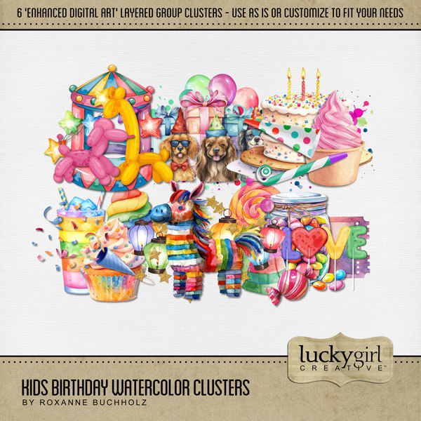 Kids Birthday Watercolor Clusters Digital Art - Digital Scrapbooking Kits