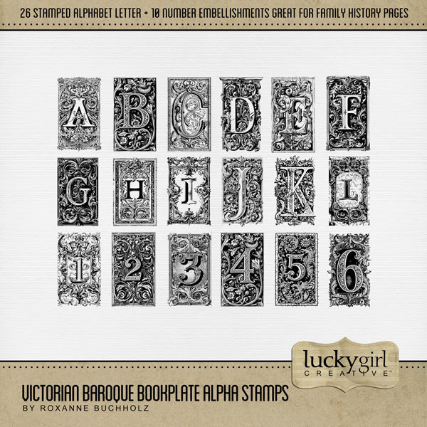 Victorian Baroque Bookplate Alpha Stamps Digital Art - Digital Scrapbooking Kits