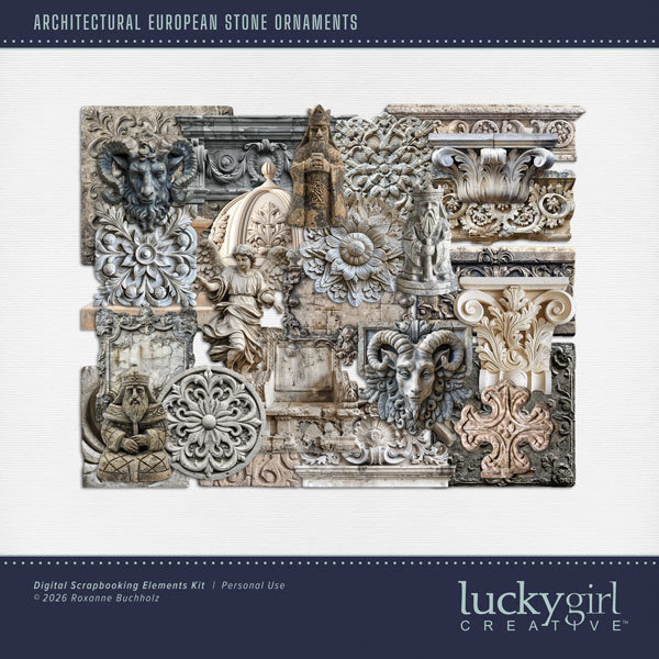 Architectural European Stone Ornaments Digital Art - Digital Scrapbooking Kits