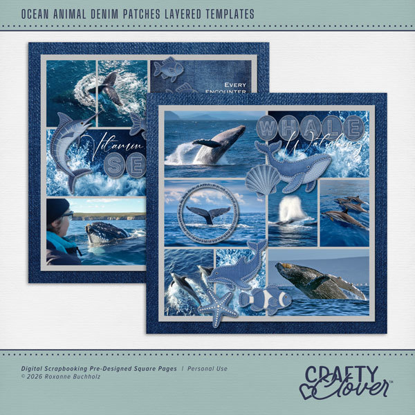 Ocean Animal Denim Patches Layered Templates Digital Art - Digital Scrapbooking Kits