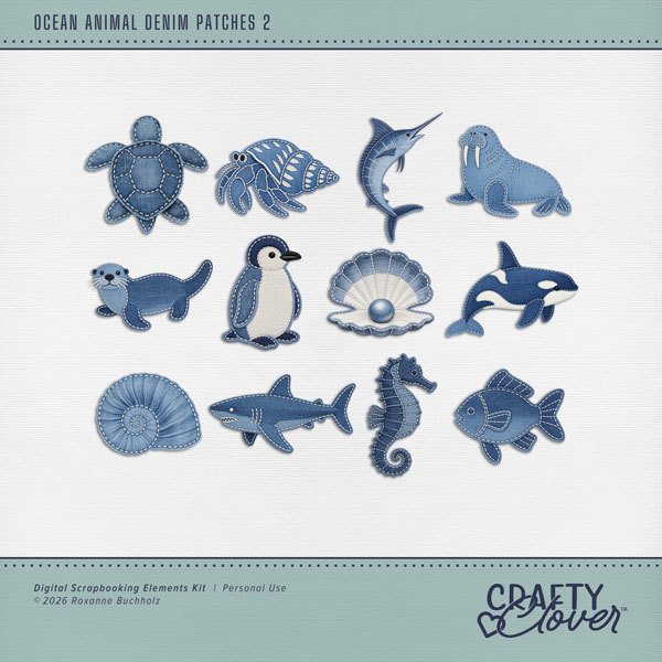 Ocean Animal Denim Patches 2 Digital Art - Digital Scrapbooking Kits