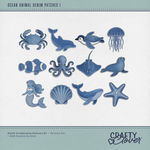 Ocean Animal Denim Patches 1 Digital Art - Digital Scrapbooking Kits