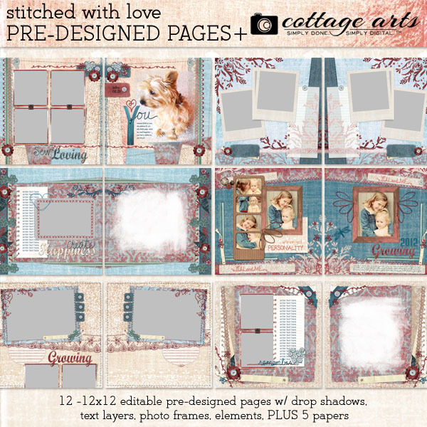 Stitched with Love Pre-designed Pages Digital Art - Digital Scrapbooking Kits