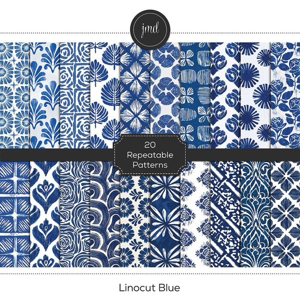 Linocut Blue Digital Art - Digital Scrapbooking Kits