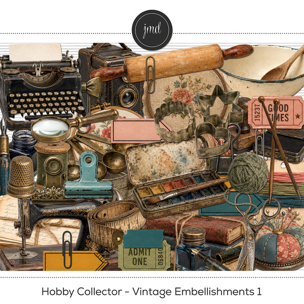 Hobby Collector - Vintage Embellishments 1 Digital Art - Digital Scrapbooking Kits
