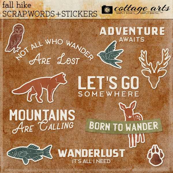 Fall Hike Scrap.Words & Stickers Digital Art - Digital Scrapbooking Kits