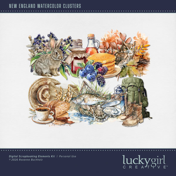 New England Watercolor Clusters Digital Art - Digital Scrapbooking Kits